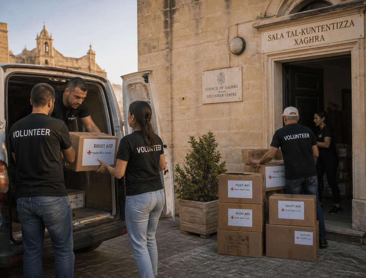 Volunteers unloading relief supplies outside a community hall in Malta