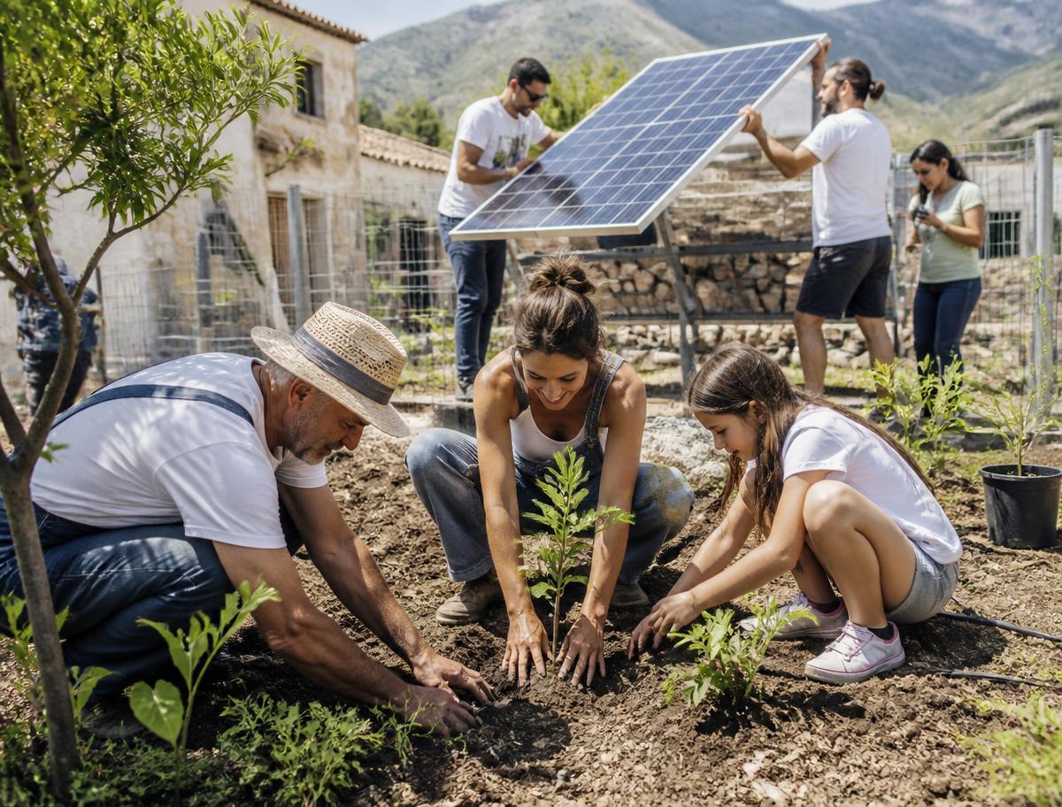 Community members planting trees and installing a solar panel in a village garden