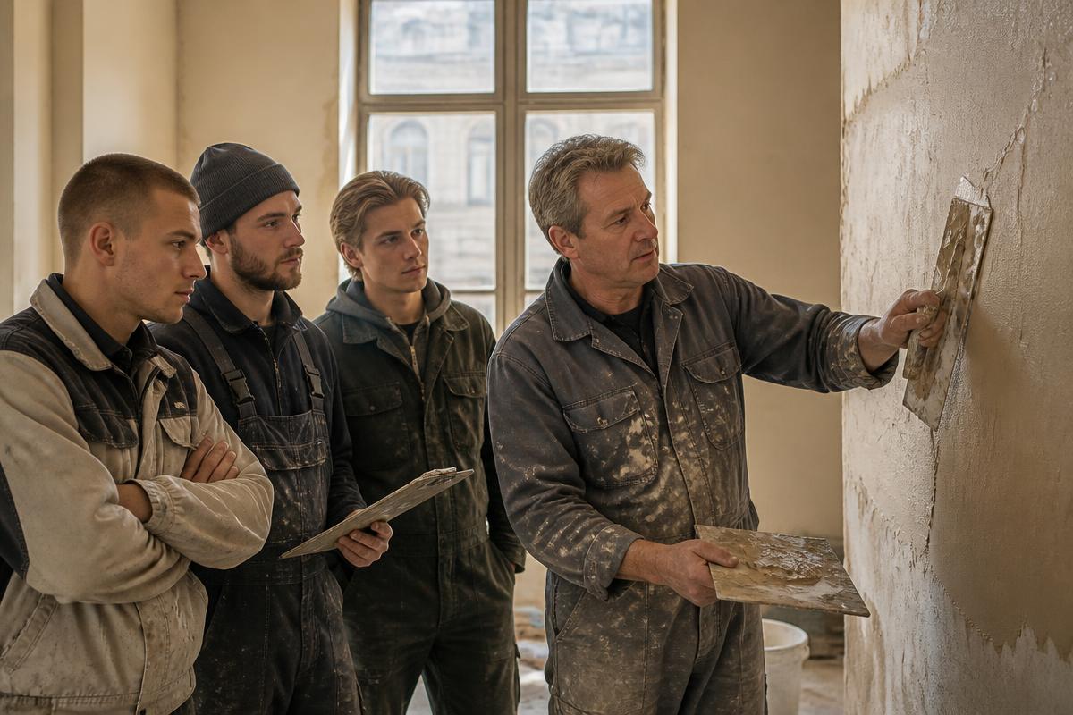 Master craftsman demonstrating plastering technique to apprentices during a workshop inspection in Rīga